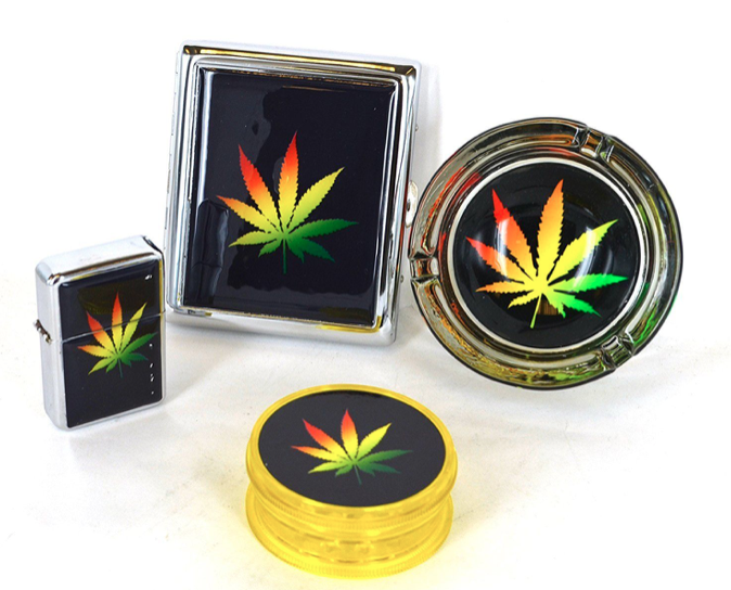 LEAF 4 IN 1 GIFT SET -METAL CIG CASE+GLASS ASHTRAY +GRINDER +LIGHTER