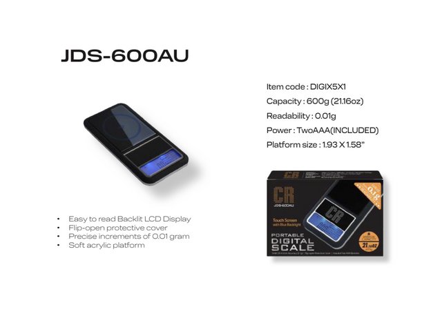 PORTABLE DIGITAL SCALE JDS-600AU MAX CAPACITY 21.16 OZ TOUCH SCREEN WITH BLUE BACKLIGHT