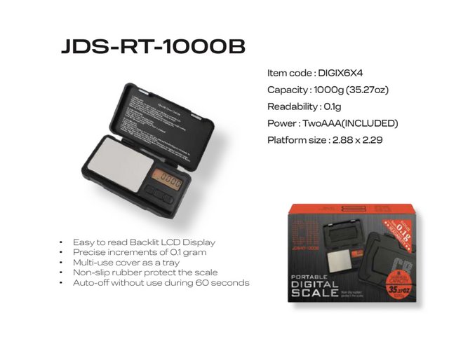 PORTABLE DIGITAL SCALE JDS-RT-1000B MAX CAPACITY 35.27 OZ NON SLIP RUBBER