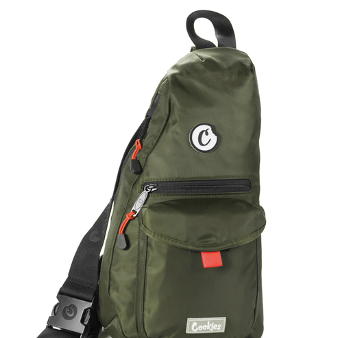 TRAVELER SMELL PROOF NYLON SLING BAG W/ PLASTIC ZIPPERS, LARGE MAIN COMPARTMEN T, FRONT FLAP POCKET & STASH ZIPPER POCKET