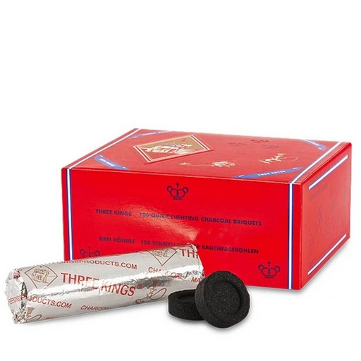 [INTREF0001493] THREE KINGS SMALL 100 QUICK LIGHTING CHARCOAL BRIQUETS 33MM 36/B*X100TB