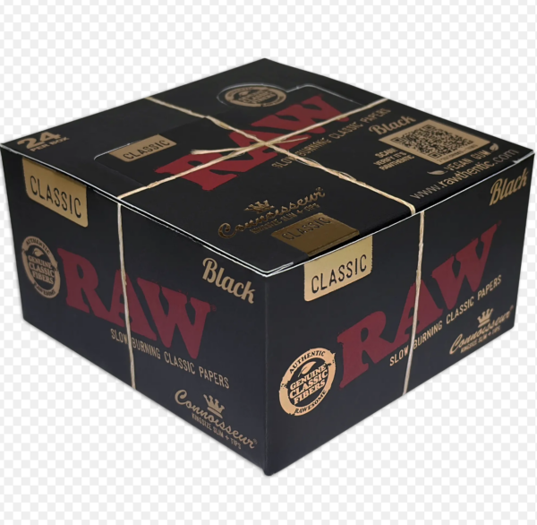 RAW PAPER KING SIZE SLIM CLASSIC BLACK NATURAL ROLLING PAPERS CONNOISSEUR +TIPS 24 PER BOX